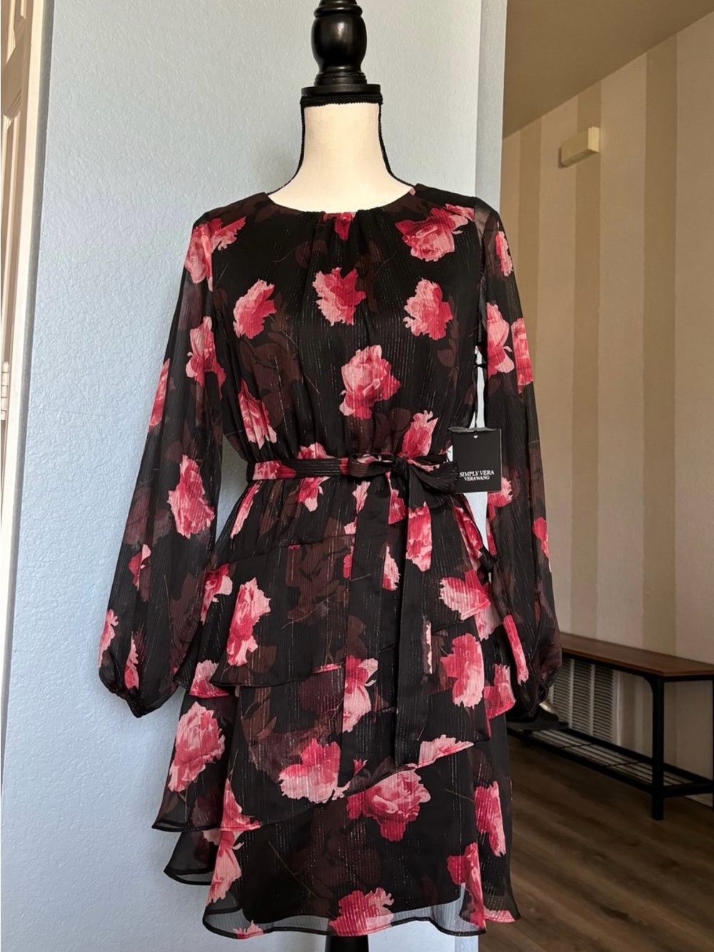 Simply Vera Vera Wang Sheer Black Long Sleeve Tiered Dress with Floral Print XS